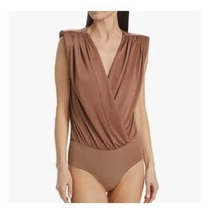 L'Agence Akari Jersey Wrap-Effect Bodysuit Top Sz S Brown Designer Quiet Luxury